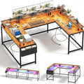 U Shaped Computer Desk with Power Outlets &amp RGB LED Lights Reversible l Shaped Corner Desk with Monitor Stand Black Willow Wood Finish Gaming &amp Home Office Desk