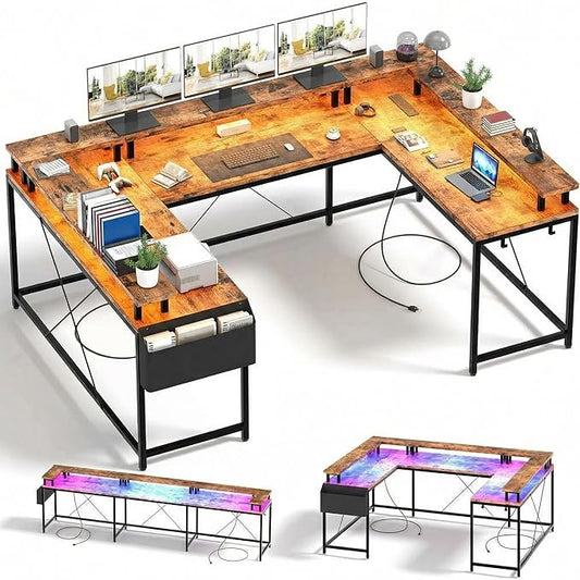 U Shaped Computer Desk with Power Outlets &amp RGB LED Lights Reversible l Shaped Corner Desk with Monitor Stand Black Willow Wood Finish Gaming &amp Home Office Desk