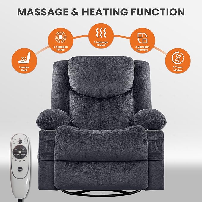 Swivel Recliner Chair for AdultsOversized Rocker Recliner with Massage and Lumbar HeatRocking Chair with Side Pocket2 Cup Holdersfor Living Room
