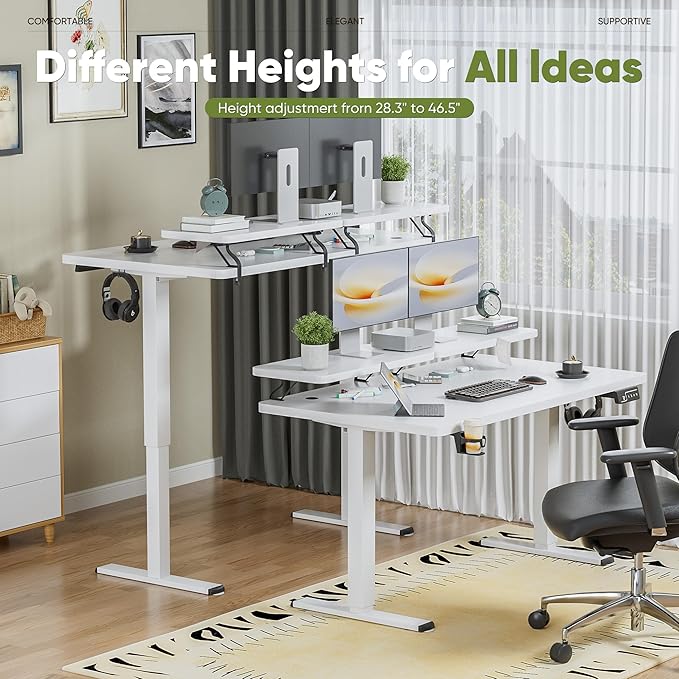Shahoo Electric Standing Desk with Monitor Shelf 55 x 24 Inches Height Adjustable Corner Table Computer Workstation with Cup Holder and Hook for Home Office White 55x24 Inch