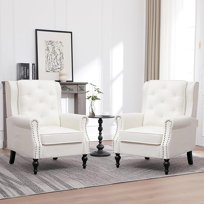 Modern Accent Chair Set Of 2 Wingback Living Room Chairs With High Back Accent Upholstered Armchair With Vintage Legs Comfy Sofa Chair Accent Chairs Set For Bedroom Home Office Reading WHITE