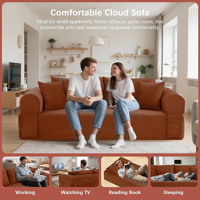 83 Modern Sofa in a Box No Assembly Oversized 3 Seater 28 Deep Seat Cloud Sofa Bed Couch with 4 Furry Pillows &amp Corduroy Fabric Boneless Couch with Side Storage Pockets for Living Room Orange