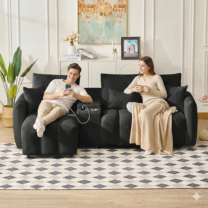 91.7 Modular Cloud Couch L-Shaped Teddy Fabric Sectional with Power &amp USB Ports Deep Seat 3-Seater Cloud Sofa with Storage Console &amp Cup Holders for Living Room Bedroom Apartment Black