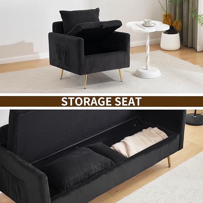 Furnimart 3-Piece Storage Sofa and Couch Set Corduroy Loveseat with 2pc Accent Single Chairs Small Living Room Furniture Set for Apartment Tiny Homes and Lofts 3PC-Black
