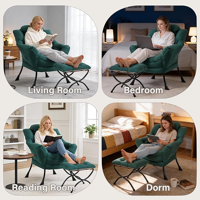 Lazy Chair with Folding Ottoman Modern Accent Armchair with Armrests and a Side Pocket &amp Foldable Footstool Reading Chair for Living Room Bedroom Dorm &amp Office Dark Green