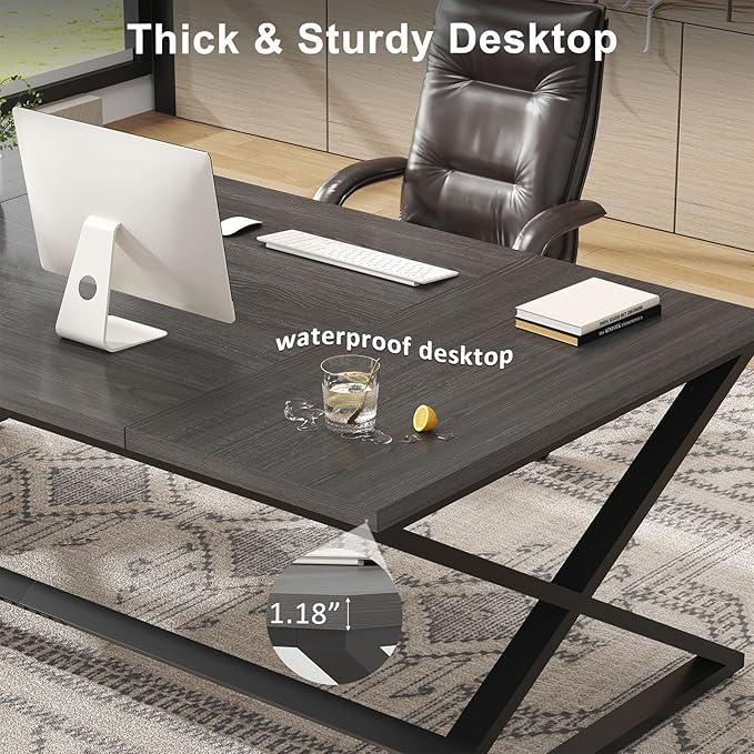 IBF 70 Inch Large Desk Long Computer Desk for Writing Study Industrial Home Office Work Executive Desk for Bedroom Wood Metal Pc Gaming Workstation Computer Table for 2 Monitors Dark Gray Oak
