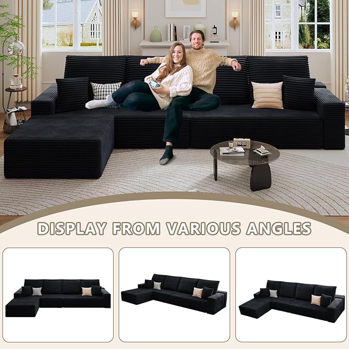 135 Modular Sectional Sofa Modern Corduroy L Shaped Cloud Couch with Chaise Lounge Boneless Upholstered Couches with Deep Seat for Living Room No Assembly Required (Black Left Facing Chaise)