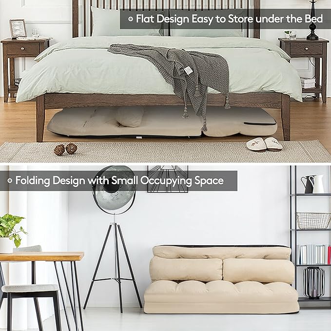 DORTALA Foldable Floor Sofa 6-Position Adjustable Lounge Couch with 2 Pillows &amp Suede Cloth Cover Modern Lounge Mattress Video Gaming Lazy Couch Suede Floor Seating Sofa 71 x 44.5 Beige