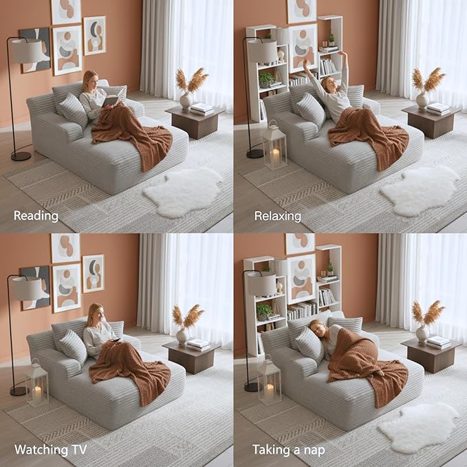79 Double Chaise Lounge Chair Indoor: Oversized Comfy Corduroy Upholstered Boneless Couch with 4 Pillows for Living Room Bedroom and Apartment Deep Seat Sleeper Sofa 2-Seat Light Ash Gray