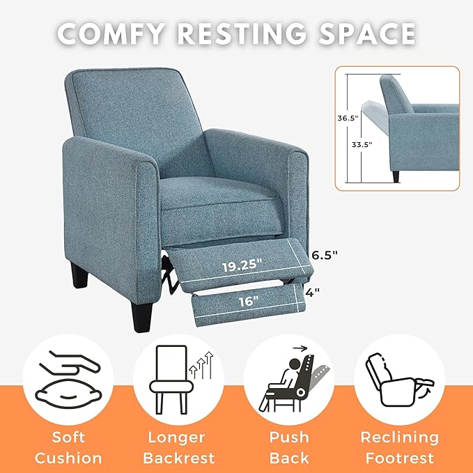 24/7 Shop at Home Mulvane Modern Recliner Chair with Push Back &amp Foot Rest Single Couch with Fabric Upholstered &amp Plastic Legs Sofa Reclinable Individual for Bedroom Living Room Home Offic