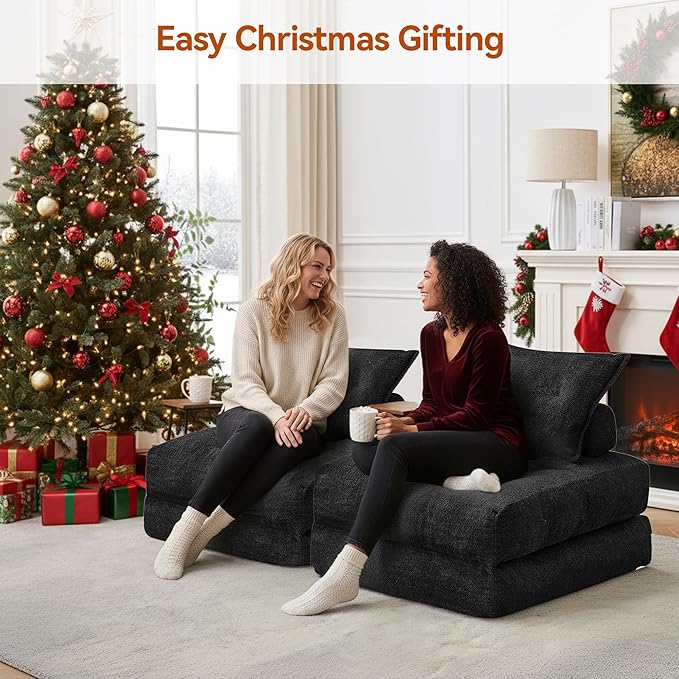 Folding Sofa Bed Fold Out Chair Bed with Pillow Convertible Sleeper Chair for Living Room/Small Spaces Foldable Lazy Sofa Bed Floor Chair Comfy Teddy Velvet Couch Bed Black