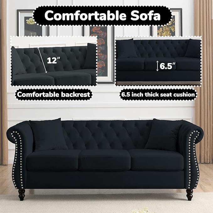 2 Piece Modern Black Velvet 80 3-Seater and 59 Loveseat Sofa Sets Chesterfield Tufted Combination Couch with 4 Pillows 8 Rolled Nailhead Arms Sofa for Living Room