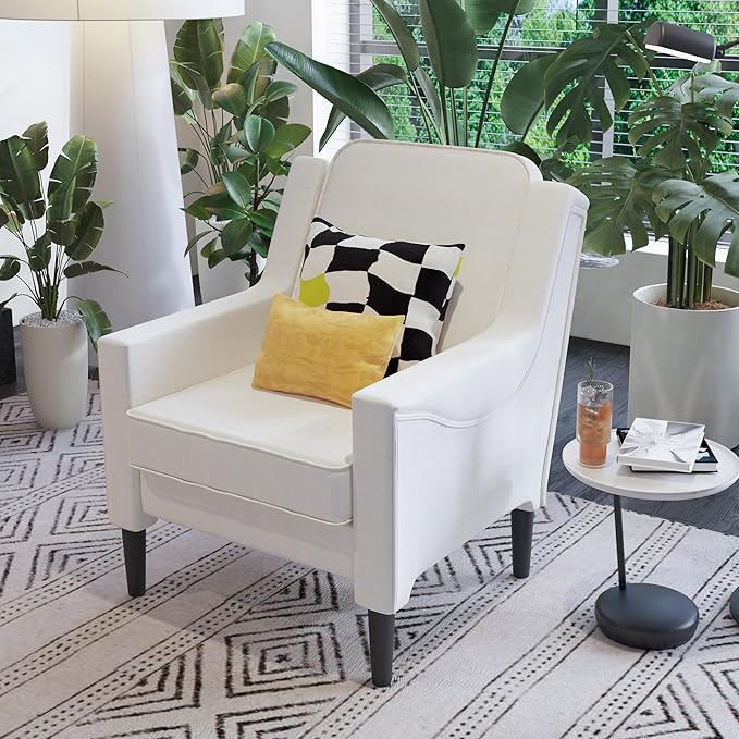 Cream Accent Chair - High Back Upholstered Armchair Comfy Living Room Arm Chair Reading Accent Chairs for Bedroom Apartment Office Single Sofa with Wood Legs