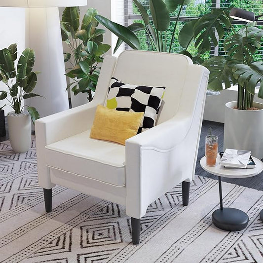 Cream Accent Chair - High Back Upholstered Armchair Comfy Living Room Arm Chair Reading Accent Chairs for Bedroom Apartment Office Single Sofa with Wood Legs
