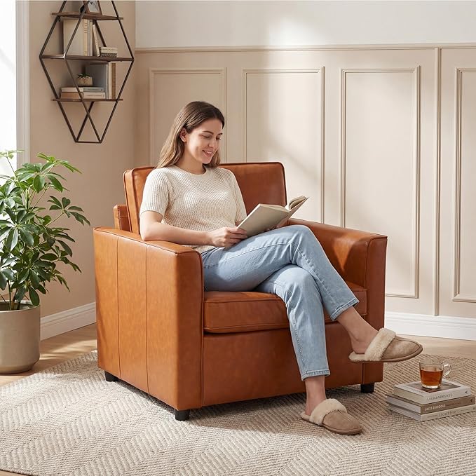 Faux Leather Armchair for Living Room Mid-Century Accent Chair with Deep Seat Cushion Upholstered Comfy Reading Chair Single Sofa Chair for Bedroom Apartment Office Caramel