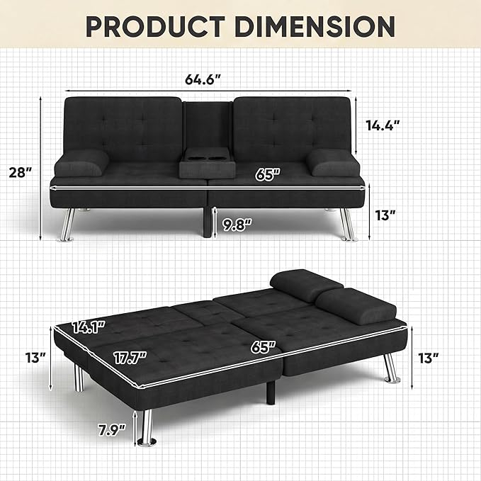 YESHOMY Modern Futon Sofa Bed Convertible Futon Couch with Adjustable Backrest Futon Loveseat Sleeper Sofa Bed with Armrest for Living Room Small SpacesLinen Fabric Classic Black