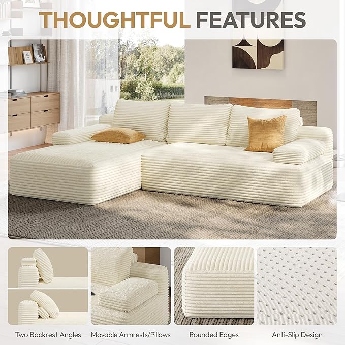 Yaheetech 110 Modular Sectional Sofa Corduroy Boneless Couch with Chaise L-Shape Cloud Couch with Detachable Pillows No Assembly Sofa for Living Room Beige