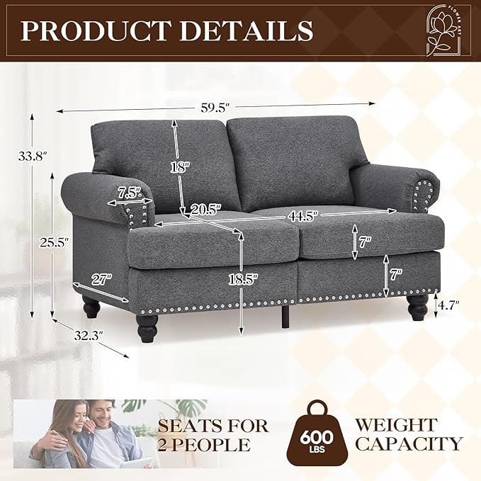 Antetek 59.5-inch Loveseat Couch with Storage Mid Century Chesterfield Linen Fabric Vintage Retro Classic Sofa Couch with Nailhead Trim &amp Rolled Armrests for Living Room Bedroom Office Grey