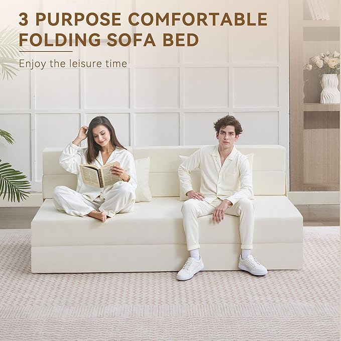 Folding Sofa Bed Convertible Floor Couch Foldable Chair Bed with PillowLinen Sleeper Chair FutonFoldable Memory Foam Mattress for Bedroom/Living Room/Dorm/Office (Beige Queen)