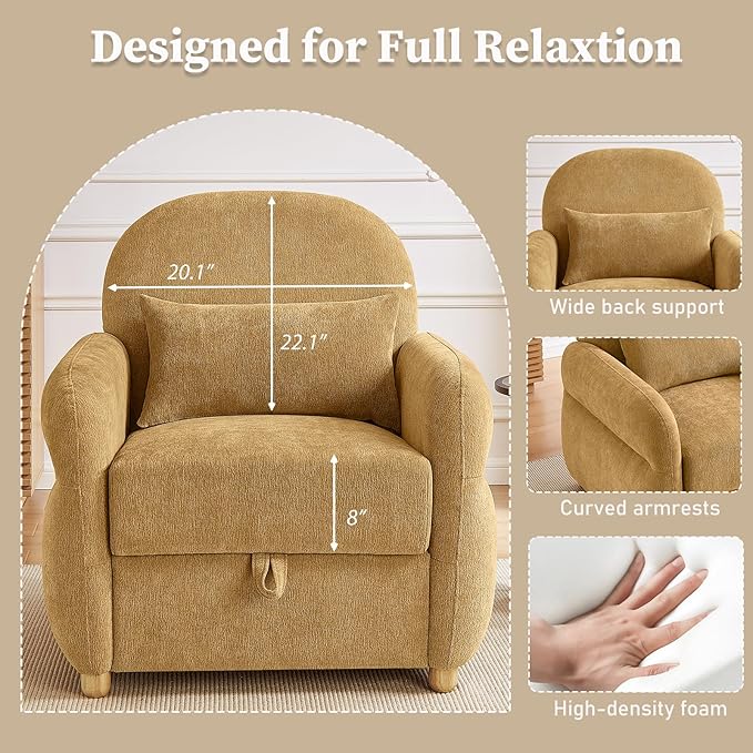 Accent Chair for Living Room 33.5 W Comfy Chenille Armchairs with Storage and Pillow Single Reading Chairs for Bedroom Study Room Apartment Tool Free Assembly Mustard Yellow