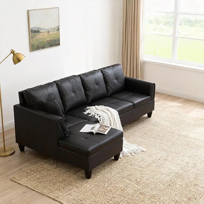 L Shaped Couch Sectional Couches with Chaise 3 Pieces Modular Convertible Sofa for Living Room Furniture Sets and Small Apartment Faux Leather Black