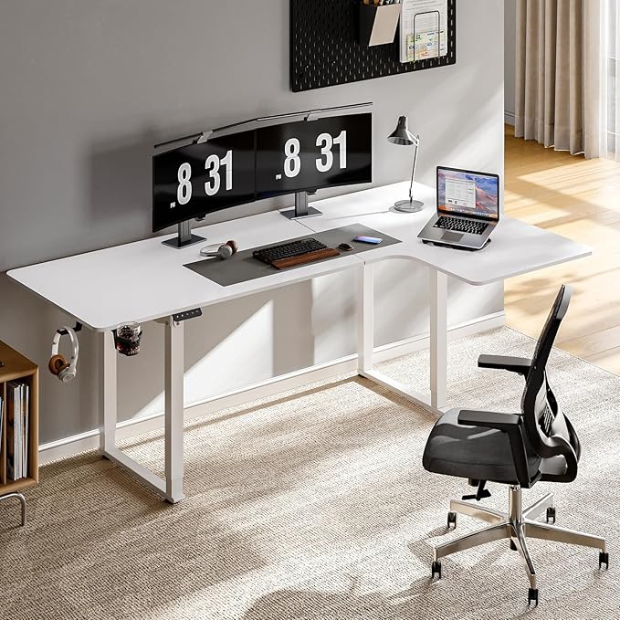 ONBRILL L Shaped Standing Desk 71x43 Inches Electric L Stand Up Desk with 4 Legs Dual Motor and Memory Controller Adjustable Height from 28-46 Inches for Home and Computer Workstation White