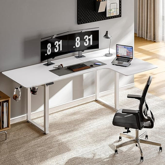 ONBRILL L Shaped Standing Desk 71x43 Inches Electric L Stand Up Desk with 4 Legs Dual Motor and Memory Controller Adjustable Height from 28-46 Inches for Home and Computer Workstation White