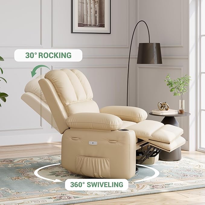22 Wide Electric Recliner Chair for Adults Swivel Rocking Recliner with Massage &amp Heat PU Leather Lounge Chair with Remote and Cup Holders for Living Room Nursery Bedroom Beige