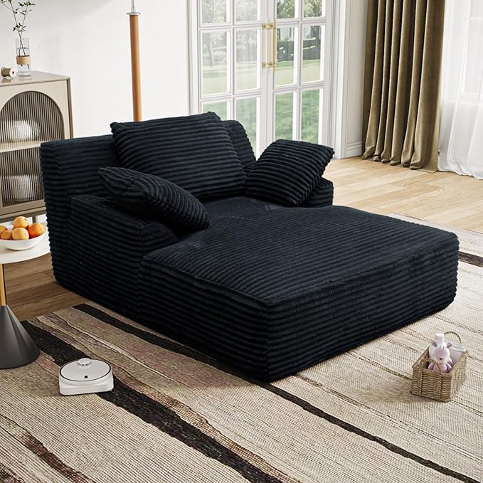 65.3'' Oversized Lounge Chaise Couch with Square Armrest Boneless Chaise Lounge with Cushions Corduroy Single Sofa Chair with 2 Pillows No Assembly for Living Room Apartment Black