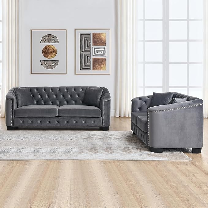 mikibama Luxury 2 Piece Chesterfield Velvet Sofa Set for Living Room Modern Decor Furniture Sectional Sofa 3 Seater &amp Loveseat Upholstered Tufted Couch for Apartment Office Hall(Grey)