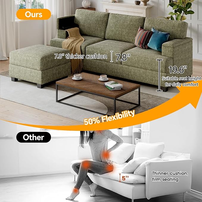 Sectional Couch Sofa with Armrest Organizer85 L Shaped Couch with OttomanVelvet Convertible Couches for Living Room3 Seats Sofas Set for BedroomHome FurnitureGreen