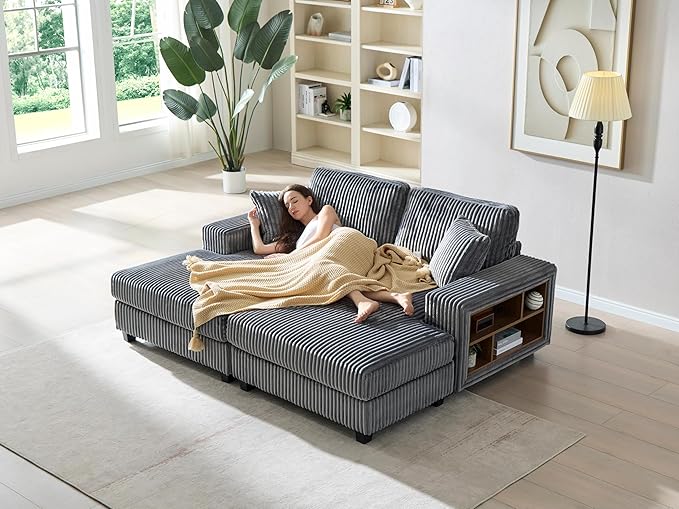 79.5 Oversized Corduroy Modular 2-Seat Sectional Couch with Extra-Wide Armrest Storage and Double Chaise Lounge Modern Convertible Sleeper Sofa for Living RoomDark Gray