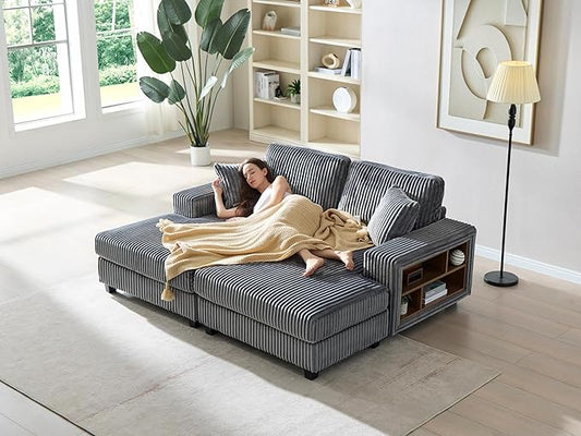79.5 Oversized Corduroy Modular 2-Seat Sectional Couch with Extra-Wide Armrest Storage and Double Chaise Lounge Modern Convertible Sleeper Sofa for Living RoomDark Gray