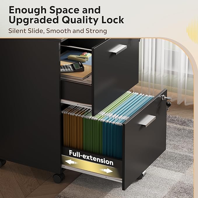 DEVAISE 2 Drawer File Cabinet Mobile Printer Stand Wood Filing-Cabinet fits A4 or Letter Size for Home Office Black