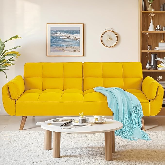 Convertible Futon Sofa Bed Sleeper Couch Bed with Adjustable Backrests Linen 3 Seater Small Couches for Small Spaces Living Room Bedroom(Yellow 75)