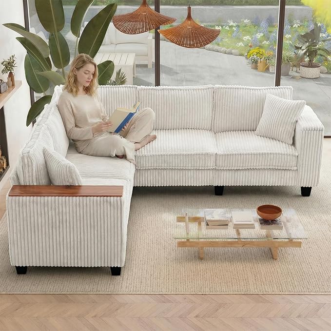 97 Inches Corduroy Couch with 2 Pillows Deep Seat Sectional Sofa Armrests with Two Hidden Storage Space Corner Couch Oversized L Shaped Cloud Couches for Living Room Beige