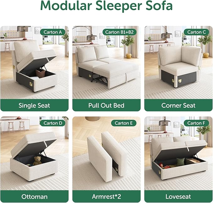 HONBAY Pull Out Bed for Modular Sectional Sleeper Sofa Armless Loveseat with Pull Out Bed for Sectional Couch Beige
