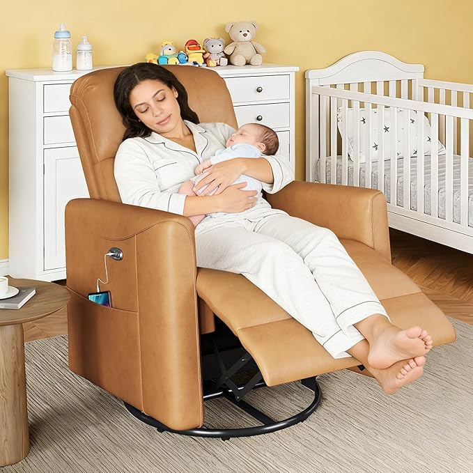 Kidirect Power Swivel Rocker Recliner 360° Swivel Recliner Chairs for Nursery Pu Leather Power Recliner Chair with USB Port and Side Pocket Electric Glider Rocking Chair for Living Room