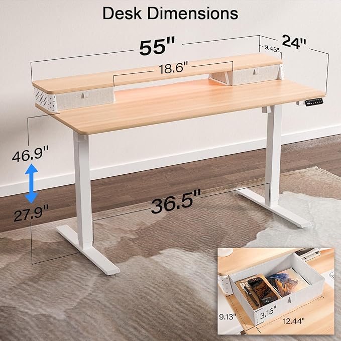 Electric Standing Desk with 2 Drawers 55 x 24 Adjustable Height Computer Desk Ergonomic Sit Stand Desk for Home Office (Nature)