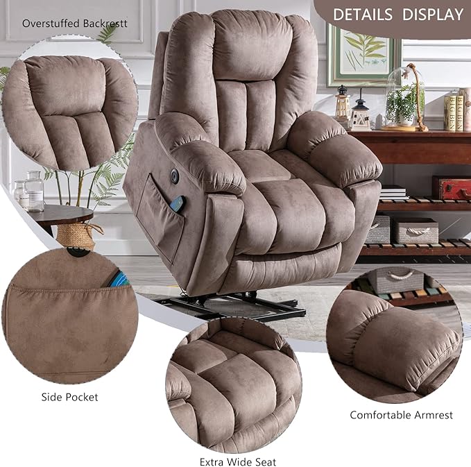 CANMOV Power Lift Recliner Chair with Massage and Heat for Elderly Overstuffed Wide Recliners Heavy Duty and Safety Motion Reclining Mechanism with USB Ports 2 Concealed Cup Holders Apricot
