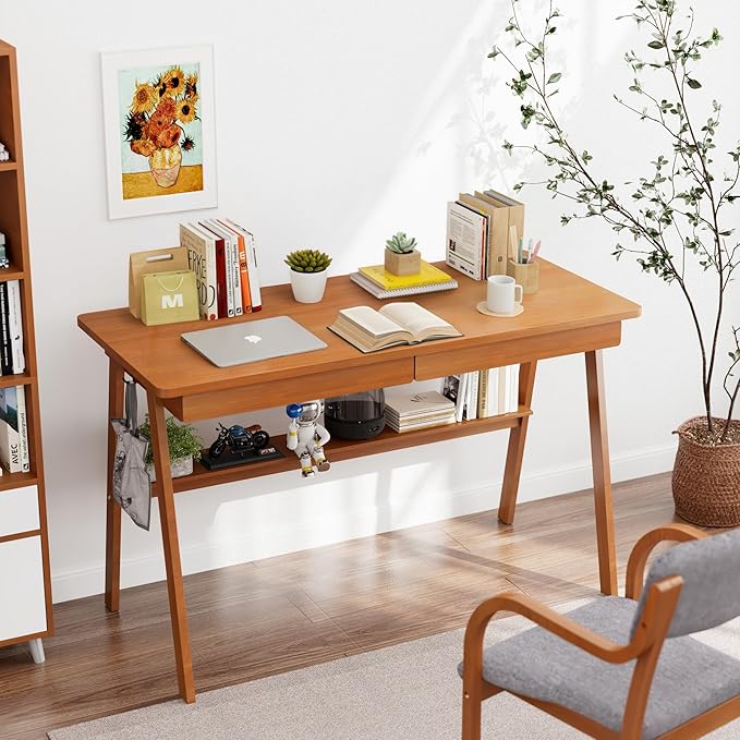 100% Solid Wood Writing Desk - 47.2 Mid Century Modern Desk Home Office Desks with 2 Drawers and Storage Shelf Small Computer Desks Study Makeup Workstation for Bedroom/Living Room Walnut