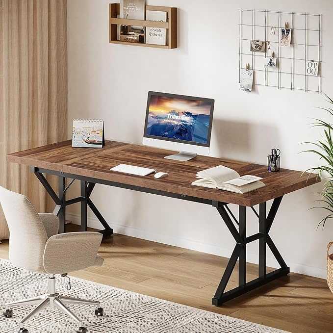 Tribesigns 70.86-Inch Large Executive Desk Industrial Home Office Computer Desk Simple Long Writing Study Table Business Furniture (Brown/Black)