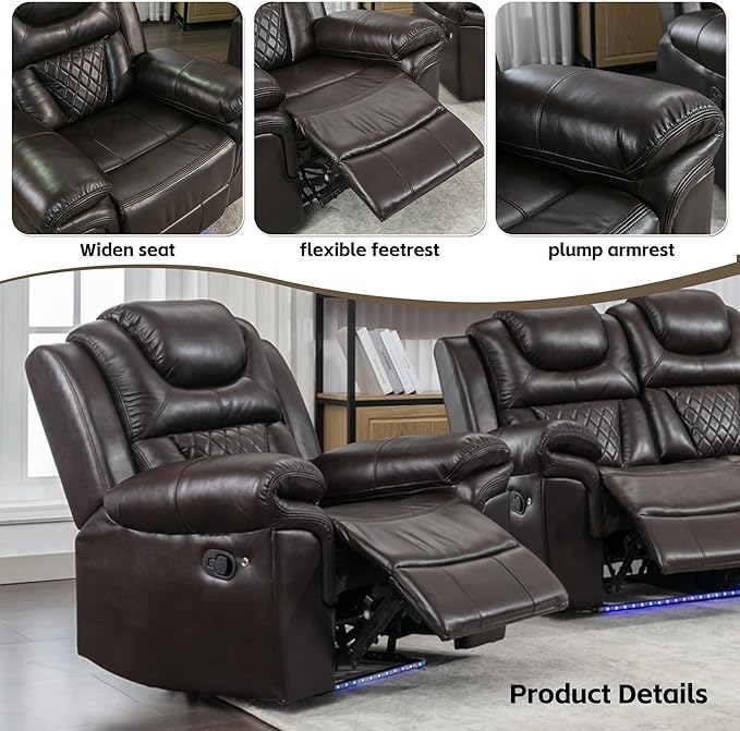 Leather Recliner Chair with Adjustable Backrest Modern Home Theater Seating with LED Light Strip for Living Room Bedroom Home TheaterRV(Brown)