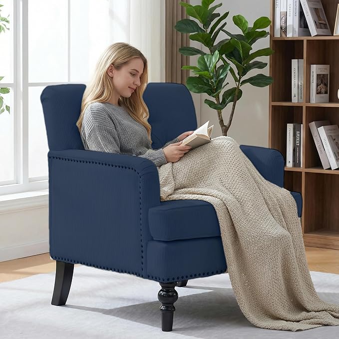 Accent Armchair Tufted Club Chair Upholstered Button Armchair with Lumbar Pillow Linen Fabric Sofa Chairs for Bedroom Living Room Mid Century Modern Reading Chair with Studded Blue