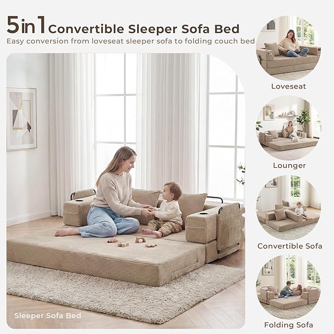 WELAX 72.8 Convertible Sleeper Sofa Bed Boneless Cloud Queen Futon Couches with Cupholders &amp Storage Pockets Corduroy Folding Floor Couch for Bedroom Apartment No Assembly Khaki