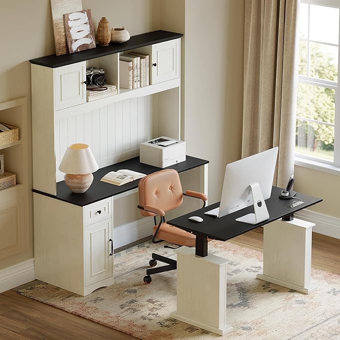 FEZIBO 60 L Shaped Executive Standing Desk with Hutch and Storage Cabinet Farmhouse Standing Desk with Charging Station Reversible Home Office Workstation Antique White