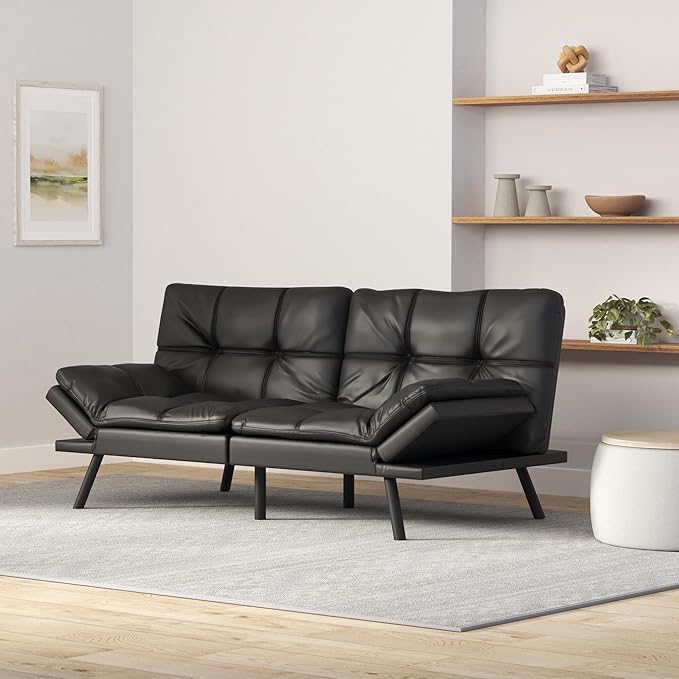 MUUEGM Faux Leather Futon Bed Convertible Memory Foam Sofa Bed Modern Love Seat for Living RoomCompact SpaceApartmentOfficeAdjustable Backrests Armrests Couch Sleeper71 Sofas Purple