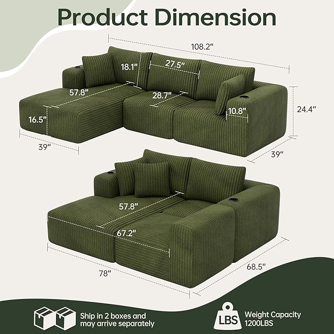 DURASPACE 108 Sectional Couch L Shaped Sofa Boneless Foam Cloud Couches with Chaise Fluffy Plush Corduroy Modular Couches for Living Room (Green Left Facing Chaise)