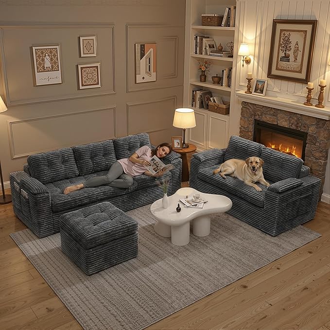 83 Boneless Couch 3 Seater Cloud Corduroy Sofa in a Box with Deep Tufted Cushions Zero Assembly Removable Washable Cover Family-Friendly Living Room Couch Dark Grey