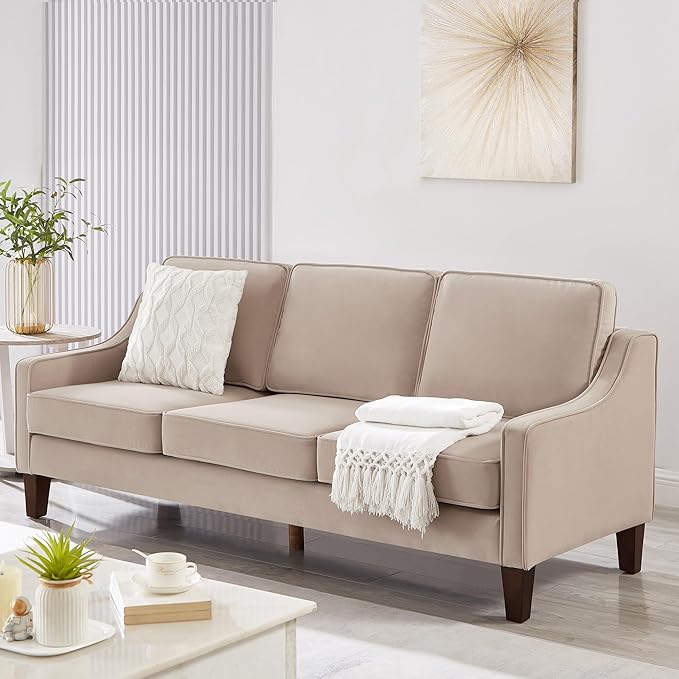 Modern 3 Seat Sofa Velvet Upholstered Cloud Couch with Extra Deep Seat Thick Removable Cushion &amp Wooden Legs Comfy Couches for Living Room Bedroom Small Space Taupe